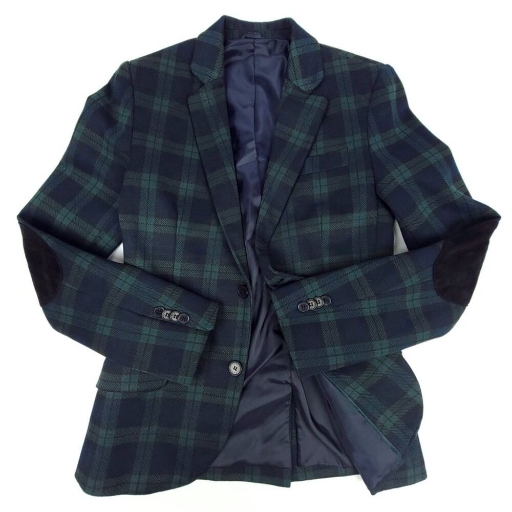 NEW Zara Tartan Plaid 2 Button Blazer Jacket with Elbow Patch Mens Small Green